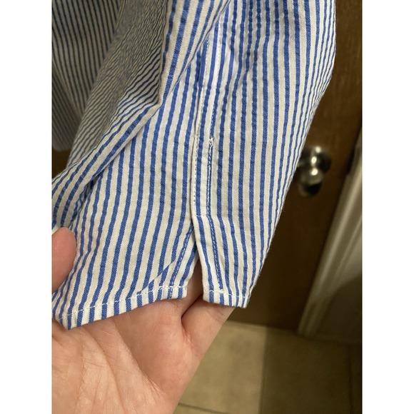 LL Bean Women's Vacationland Seersucker Shirt Short-Sleeve White Blue Stripe 1X - Picture 9 of 10